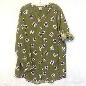 Duluth Trading Button Up Nylon Tunic Top XXL Green Floral Sidewinder Roll Tab 2X